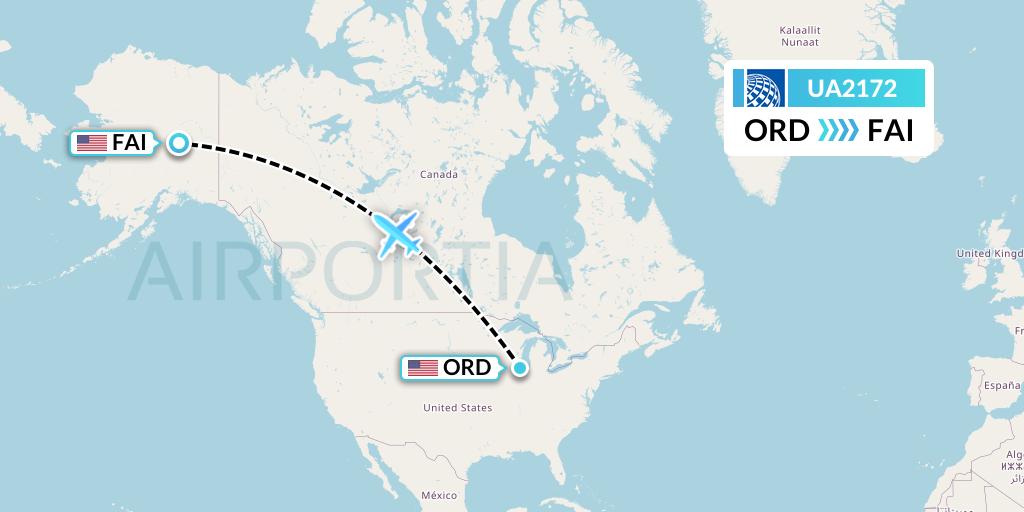 UA2172 United Airlines Flight Map: Chicago to Fairbanks