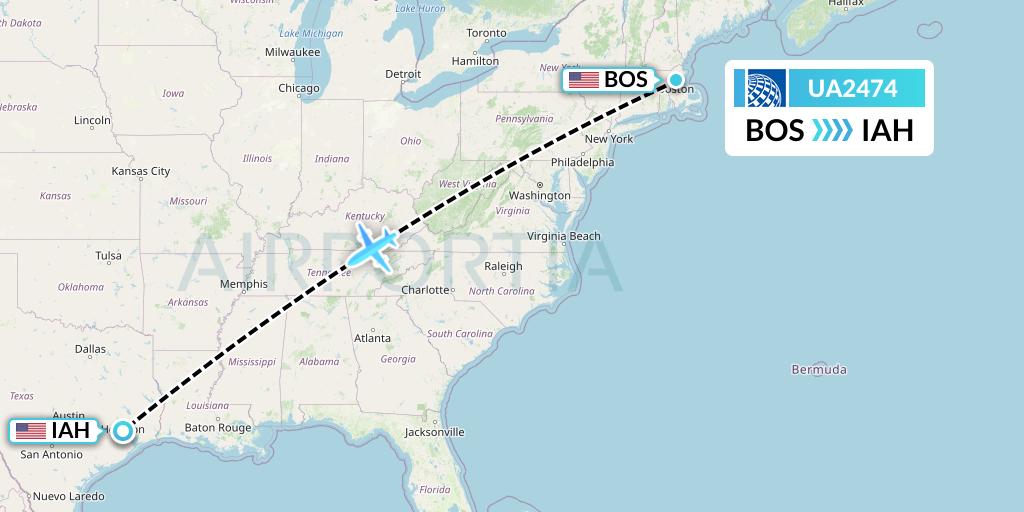UA2474 United Airlines Flight Map: Boston to Houston