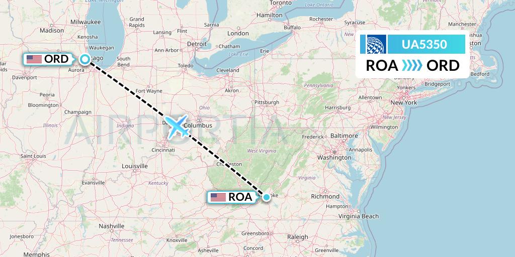 UA5350 United Airlines Flight Map: Roanoke to Chicago