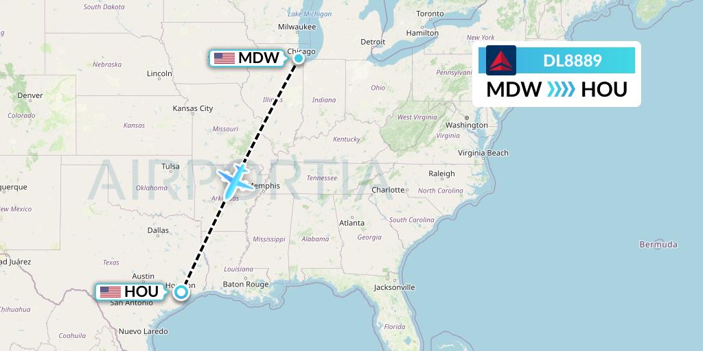 DL8889 Delta Air Lines Flight Map: Chicago to Houston