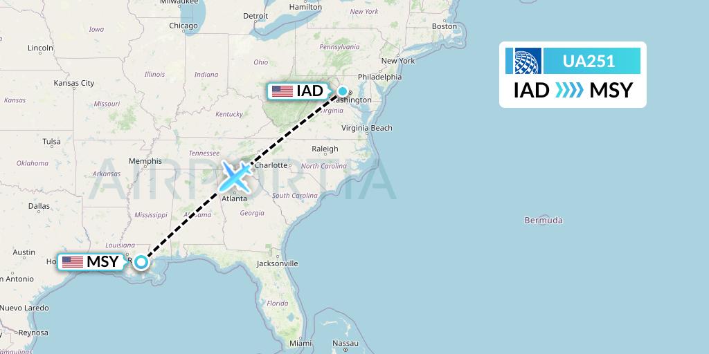 UA251 United Airlines Flight Map: Washington to New Orleans