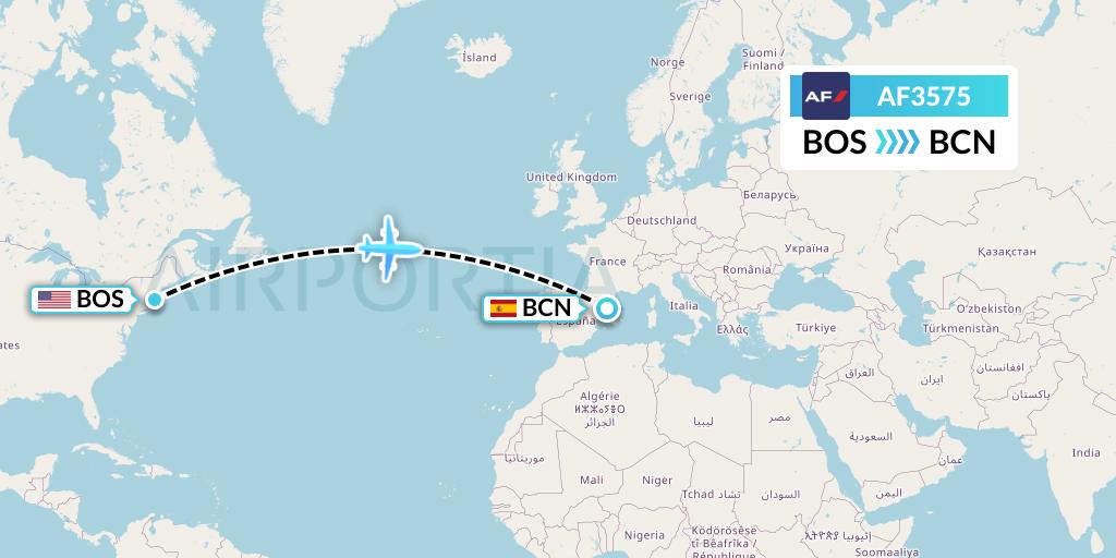 AF3575 Air France Flight Map: Boston to Barcelona