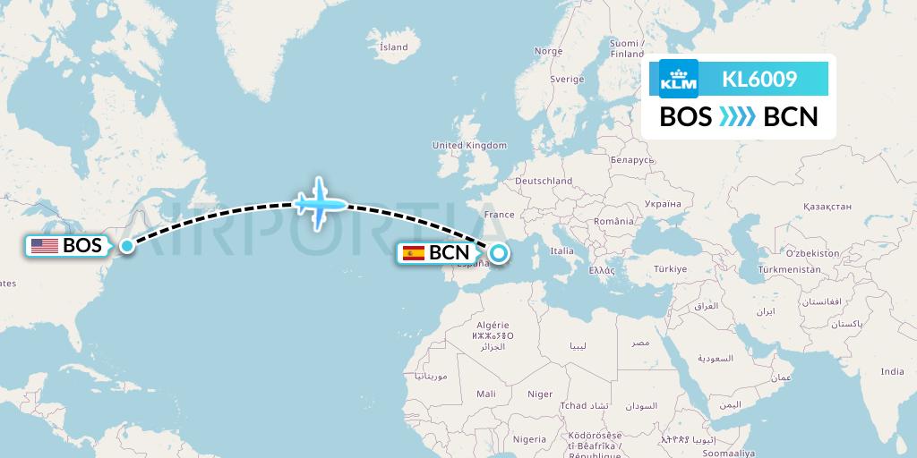 KL6009 KLM Flight Map: Boston to Barcelona
