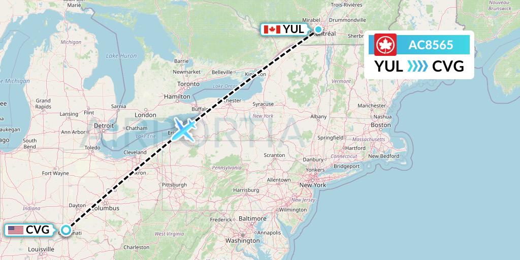 AC8565 Air Canada Flight Map: Montreal to Cincinnati