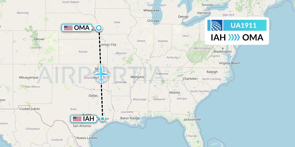 UA1911 United Airlines Flight Map: Houston to Omaha