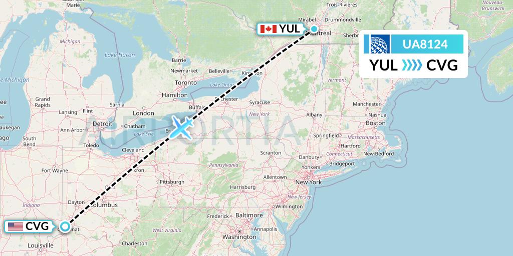 UA8124 United Airlines Flight Map: Montreal to Cincinnati