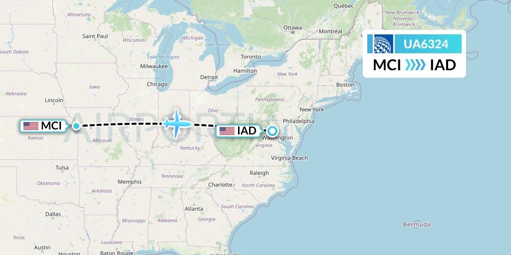 UA6324 United Airlines Flight Map: Kansas City to Washington