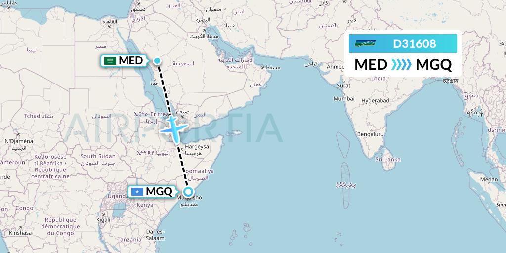 D31608 Daallo Airlines Flight Map: Medina to Mogadishu
