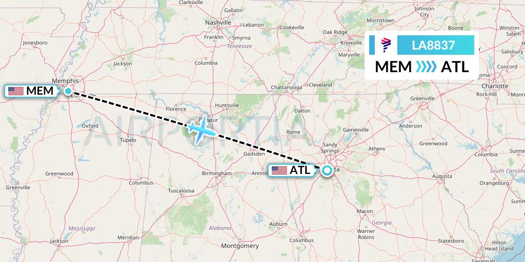 LA8837 LAN Airlines Flight Map: Memphis to Atlanta