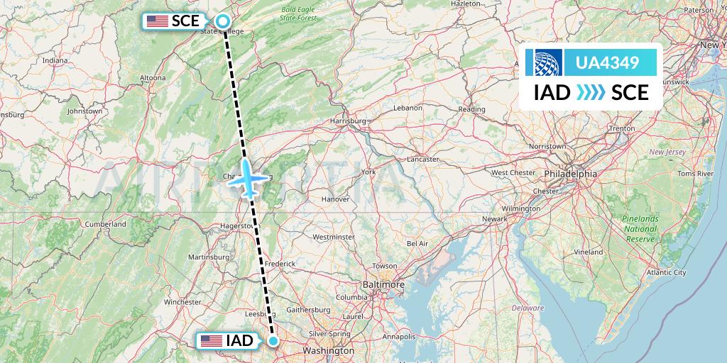 UA4349 United Airlines Flight Map: Washington to State College
