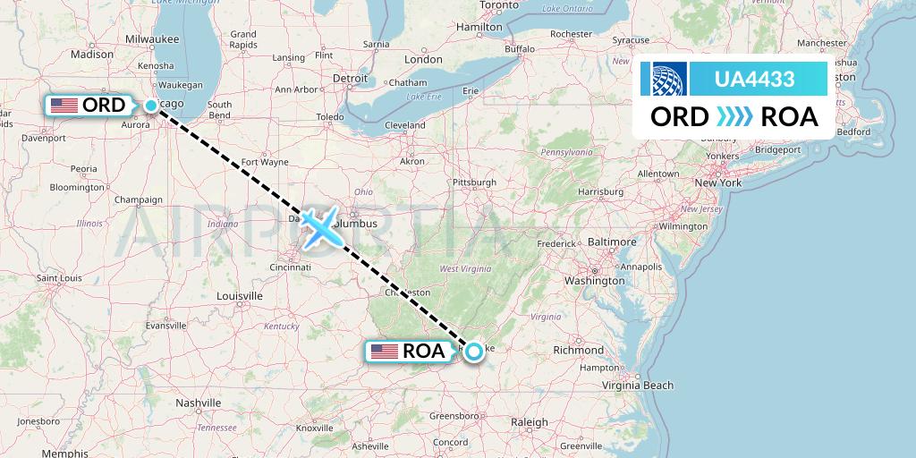 UA4433 United Airlines Flight Map: Chicago to Roanoke