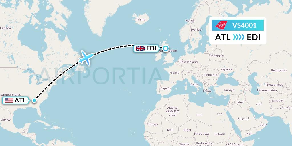VS4001 Virgin Atlantic Airways Flight Map: Atlanta to Edinburgh