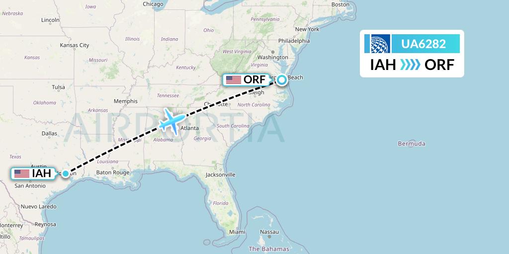 UA6282 United Airlines Flight Map: Houston to Norfolk