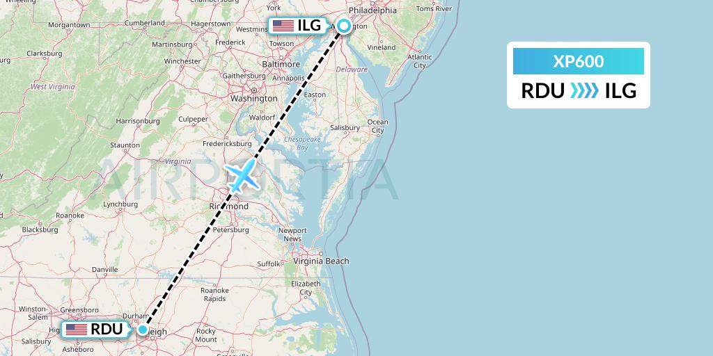 XP600 Avelo Airlines Flight Map: Raleigh-Durham to Wilmington