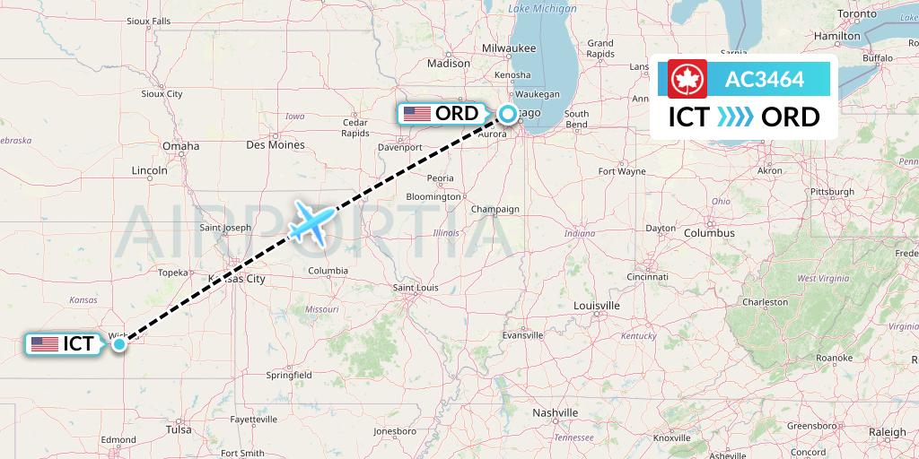 AC3464 Air Canada Flight Map: Wichita to Chicago