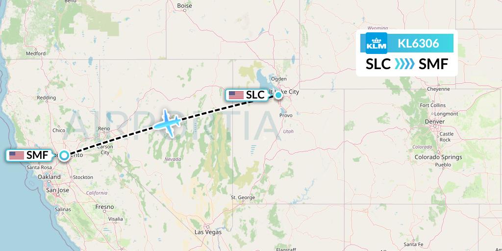 KL6306 KLM Flight Map: Salt Lake City to Sacramento