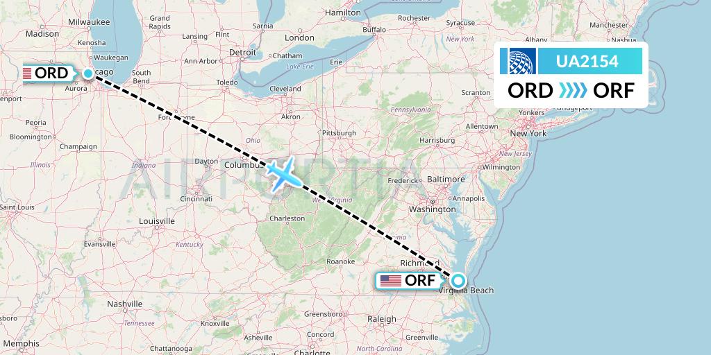 UA2154 United Airlines Flight Map: Chicago to Norfolk