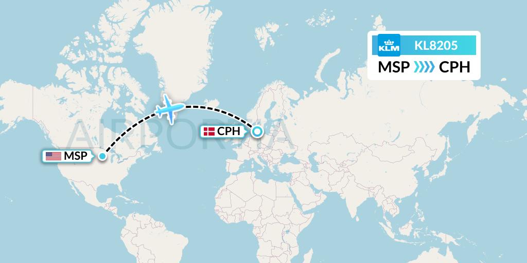 KL8205 KLM Flight Map: Minneapolis to Copenhagen