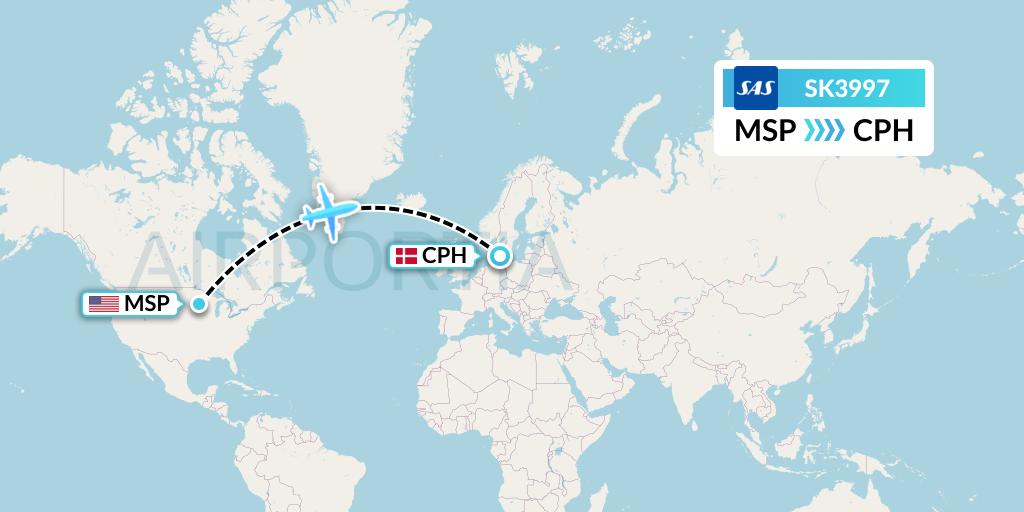 SK3997 SAS Flight Map: Minneapolis to Copenhagen