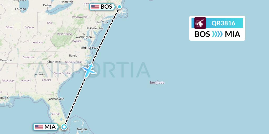 QR3816 Qatar Airways Flight Map: Boston to Miami