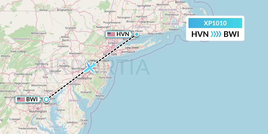 XP1010 Avelo Airlines Flight Map: New Haven to Baltimore