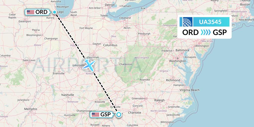 UA3545 United Airlines Flight Map: Chicago to Greenville-Spartanburg
