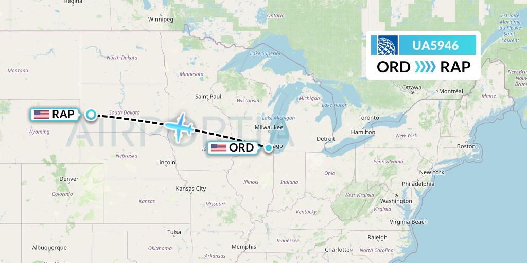 UA5946 United Airlines Flight Map: Chicago to Rapid City