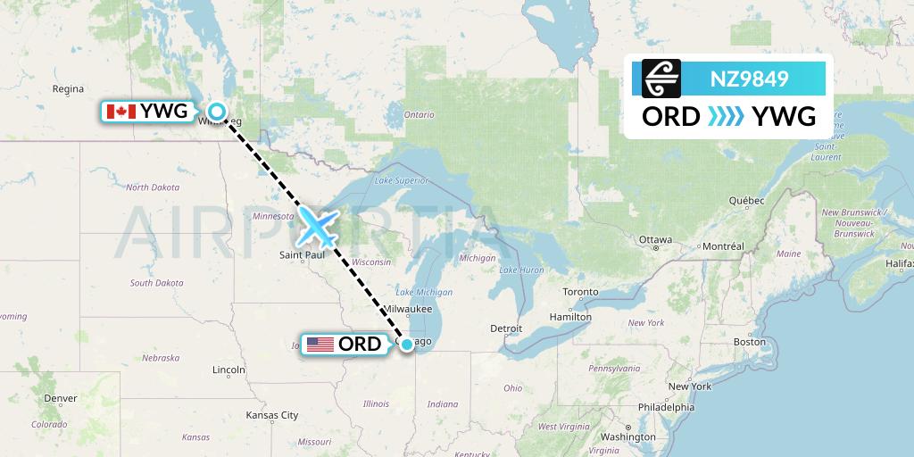 NZ9849 Air New Zealand Flight Map: Chicago to Winnipeg