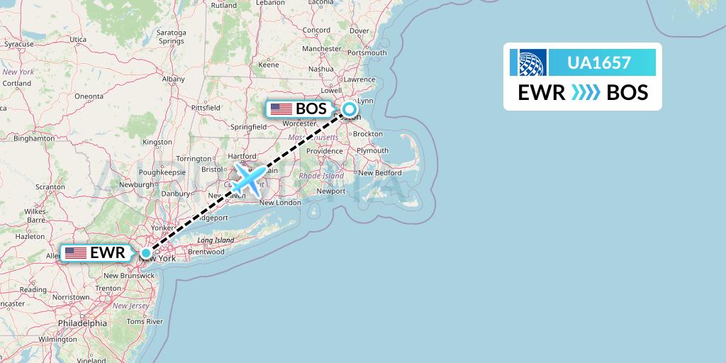 UA1657 United Airlines Flight Map: New York to Boston