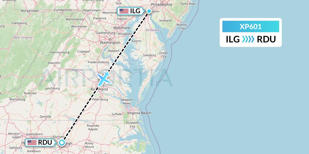 XP601 Avelo Airlines Flight Map: Wilmington to Raleigh-Durham