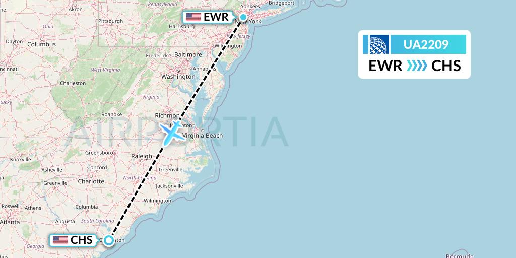 UA2209 United Airlines Flight Map: New York to Charleston