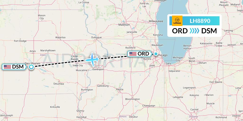 LH8890 Lufthansa Flight Map: Chicago to Des Moines
