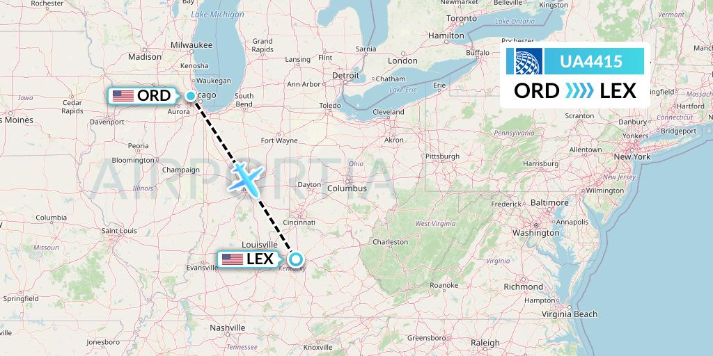 UA4415 United Airlines Flight Map: Chicago to Lexington