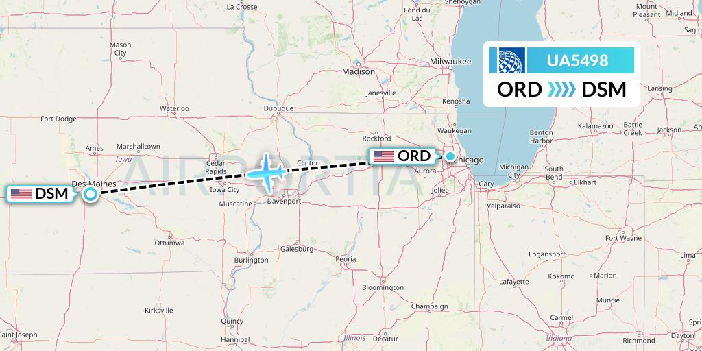 UA5498 United Airlines Flight Map: Chicago to Des Moines