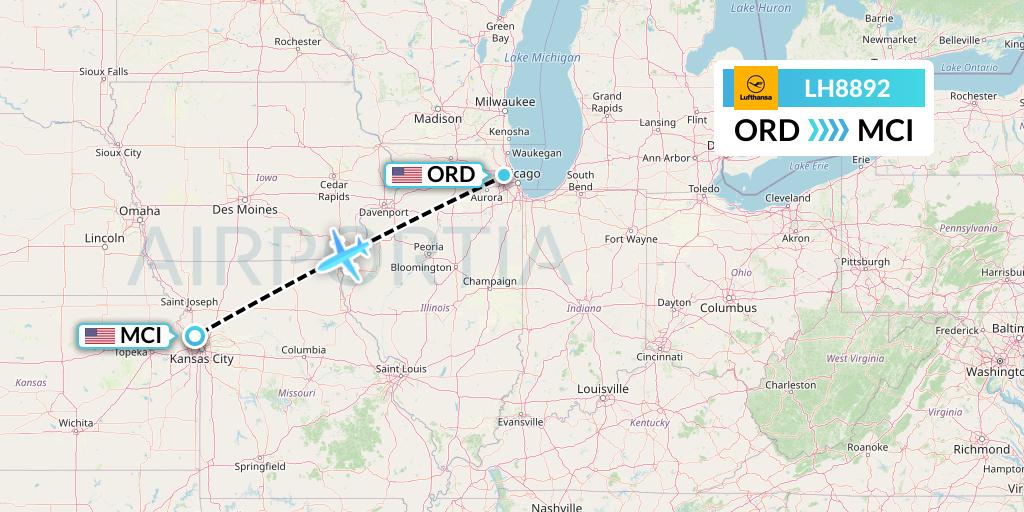 LH8892 Lufthansa Flight Map: Chicago to Kansas City