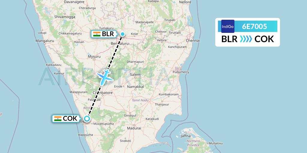 6E7005 IndiGo Airlines Flight Map: Bangalore to Cochin