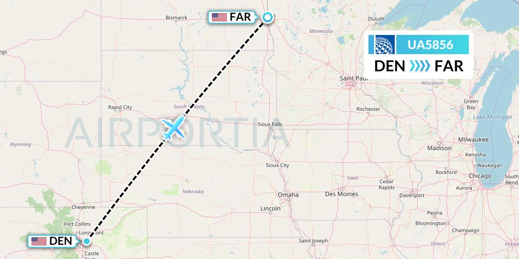 UA5856 United Airlines Flight Map: Denver to Fargo