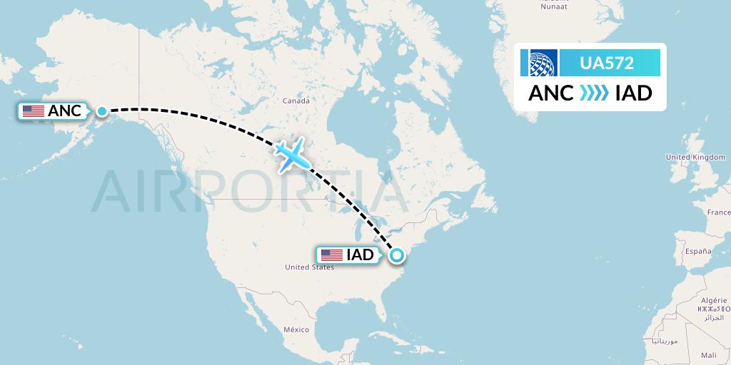 UA572 United Airlines Flight Map: Anchorage to Washington