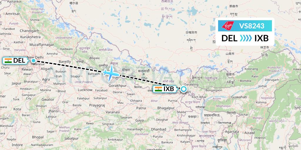 VS8243 Virgin Atlantic Airways Flight Map: Delhi to Siliguri