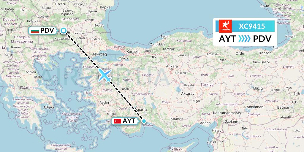 XC9415 Corendon Airlines Flight Map: Antalya to Plovdiv