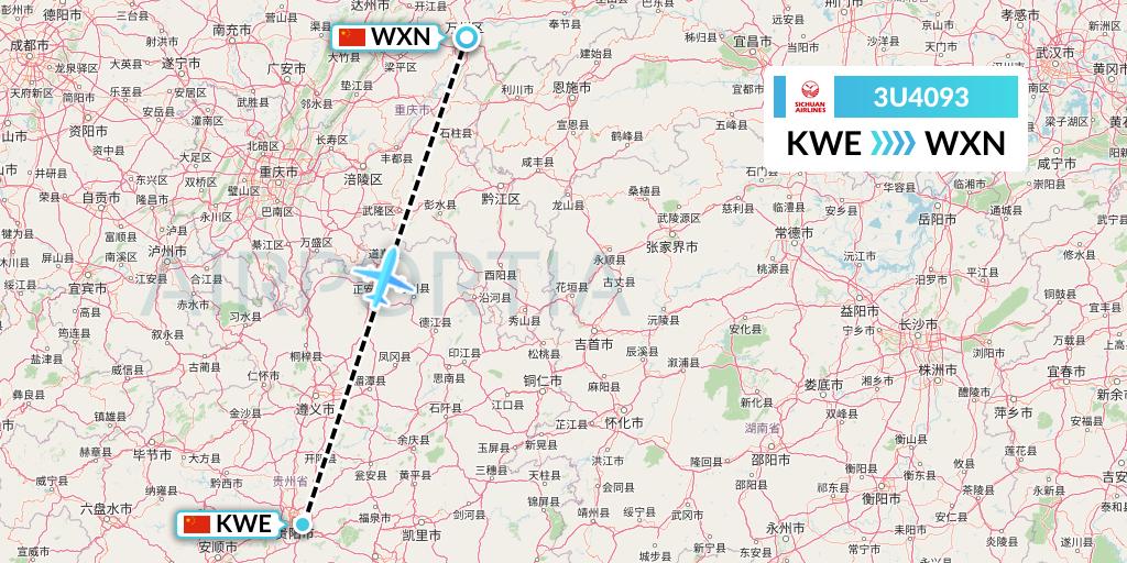 3U4093 Sichuan Airlines Flight Map: Guiyang to Wanzhou