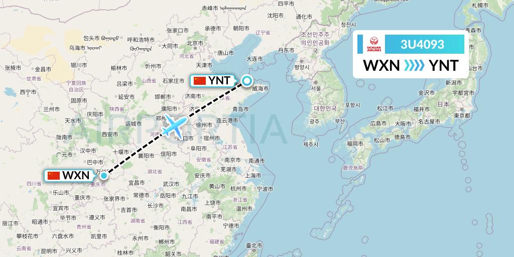 3U4093 Sichuan Airlines Flight Map: Wanzhou to Yantai