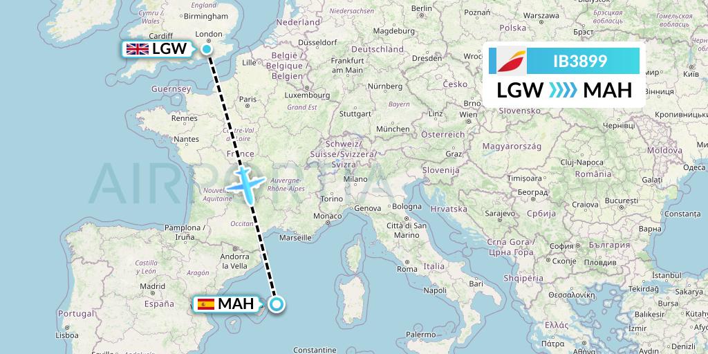 IB3899 Iberia Flight Map: London to Mahon