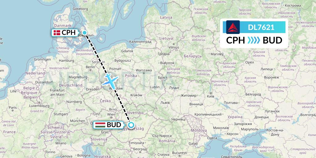DL7621 Delta Air Lines Flight Map: Copenhagen to Budapest