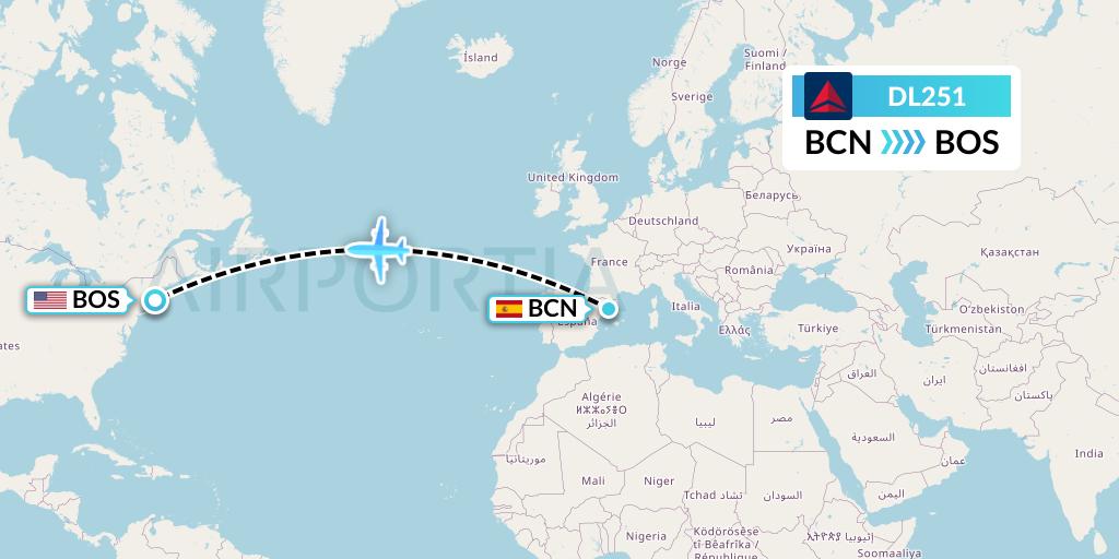 DL251 Delta Air Lines Flight Map: Barcelona to Boston