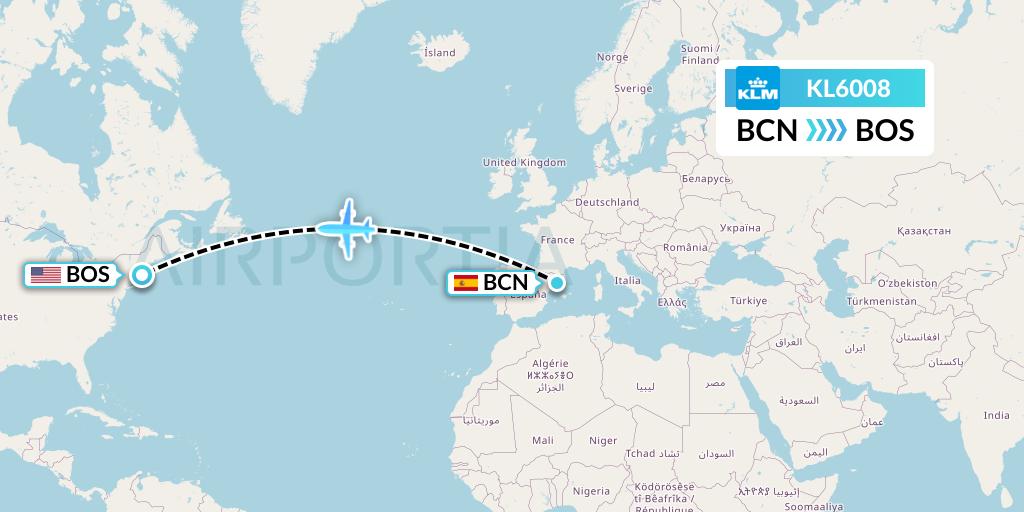 KL6008 KLM Flight Map: Barcelona to Boston