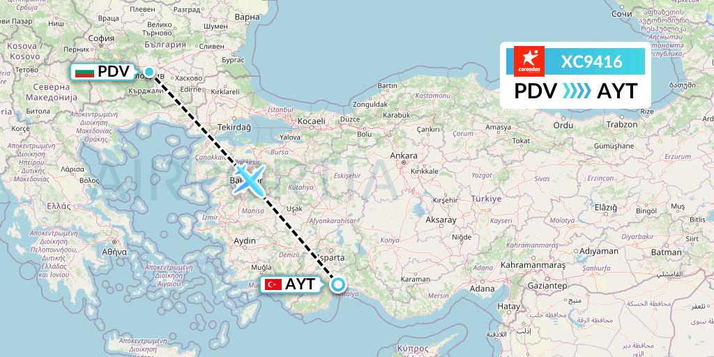 XC9416 Corendon Airlines Flight Map: Plovdiv to Antalya