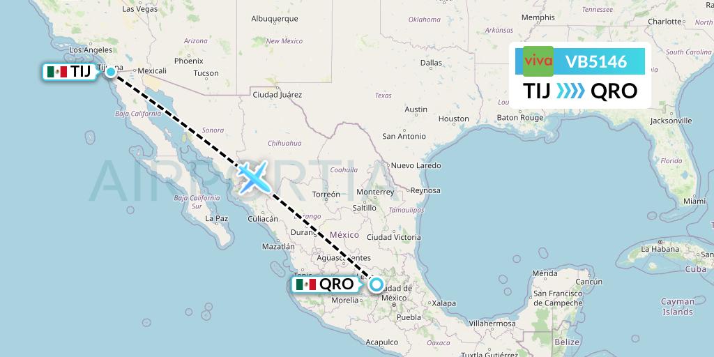 VB5146 VivaAerobus Flight Map: Tijuana to Queretaro