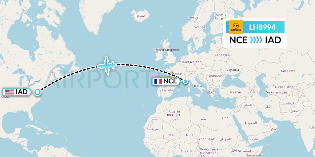 LH8994 Lufthansa Flight Map: Nice to Washington