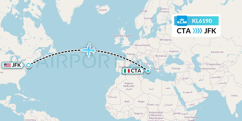 KL6190 KLM Flight Map: Catania to New York